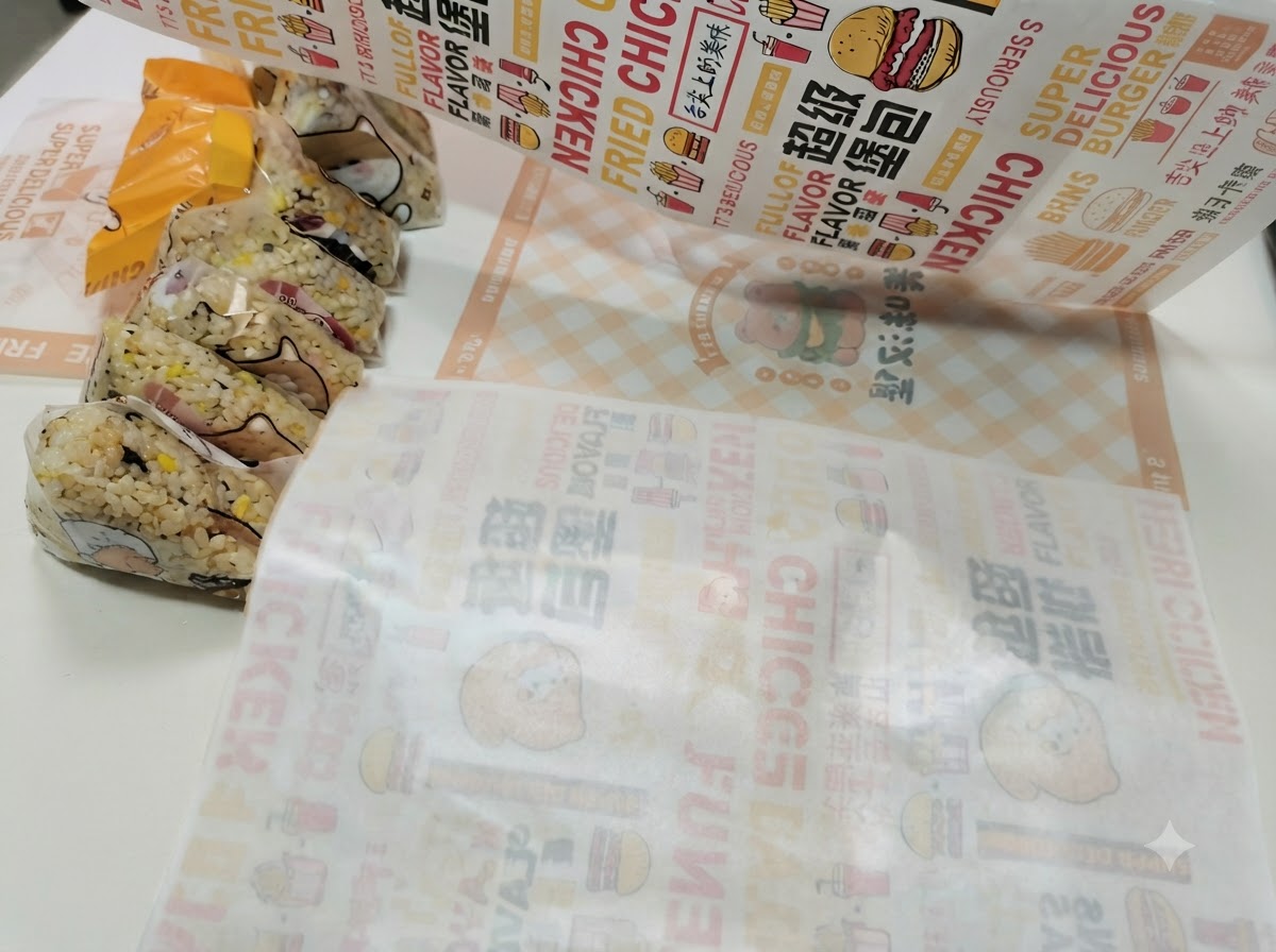Un involucro per panini steso in piano con il lato decorato rivolto verso il basso e le metà del panino riscaldate posizionate sopra.