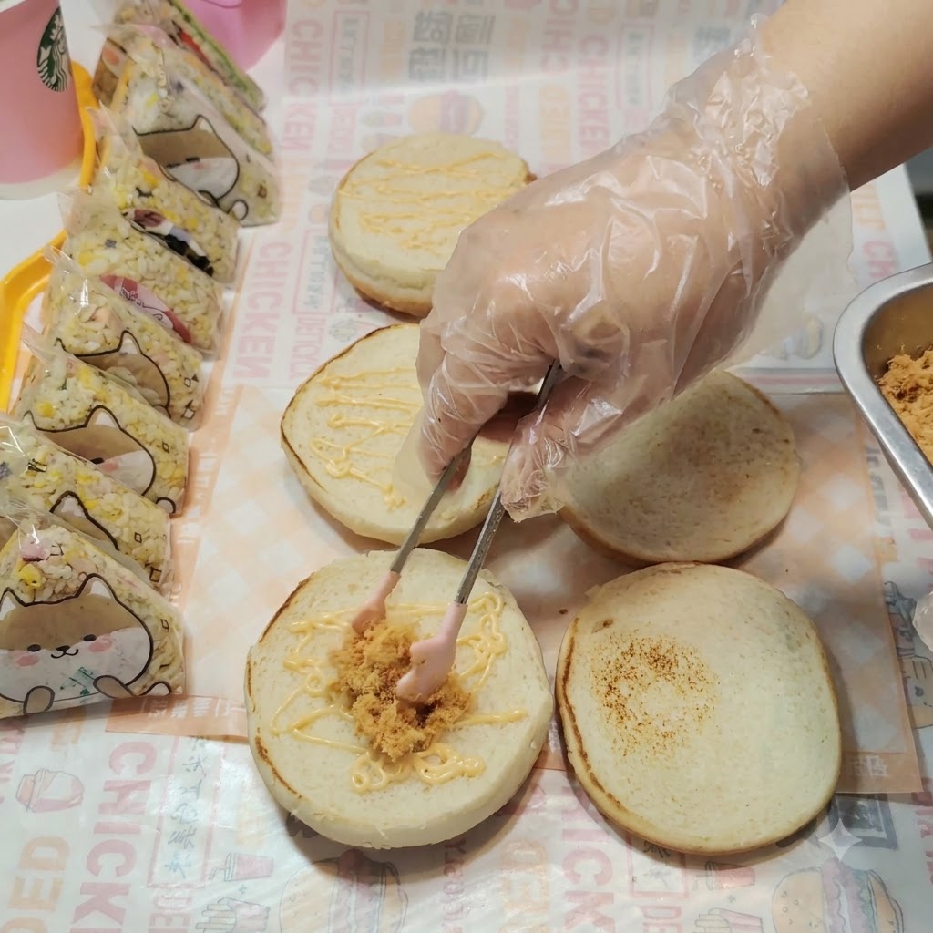 Floss di maiale posizionato con cura sul panino coperto di salsa usando delle pinze.