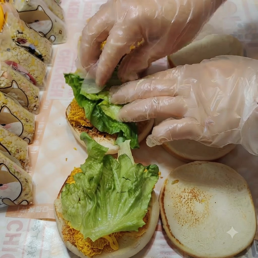 Foglie di lattuga verde fresca disposte sopra lo strato di pollo.