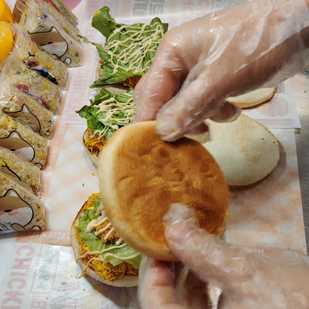 La parte superiore del panino posizionata sopra la base farcita per completare la costruzione.