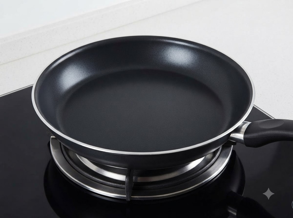 Una padella nera vuota posizionata su un fuoco del piano cottura.