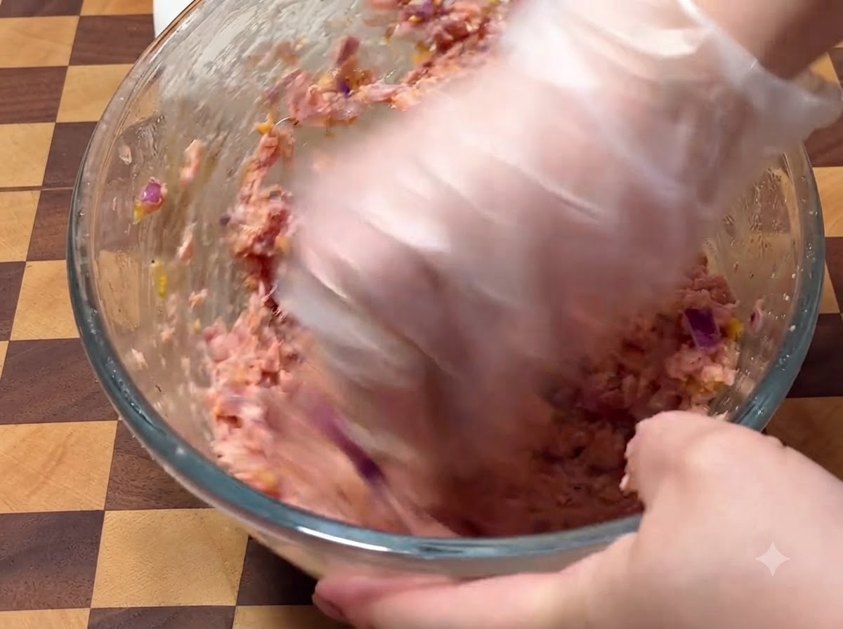 Una mano guantata che mescola vigorosamente il composto di carne per hamburger allinterno di una ciotola di vetro.