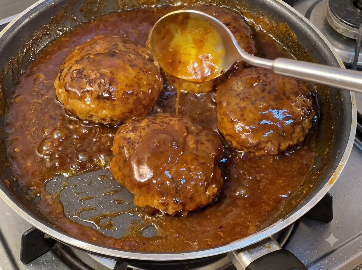 Hamburger che sobbollono in una ricca salsa marrone bollente con un cucchiaio che raccoglie la salsa sopra.