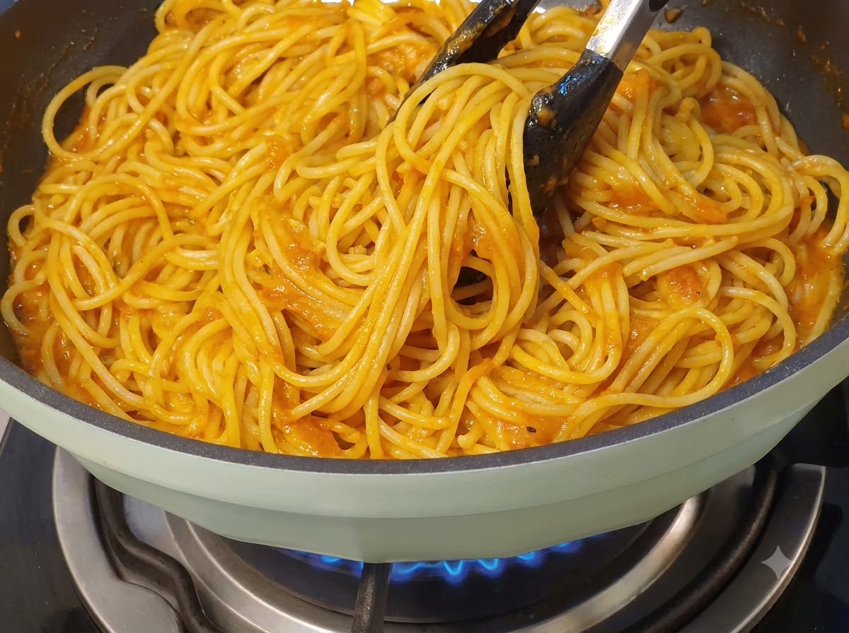 Pinze che mescolano accuratamente gli spaghetti gialli allinterno di una padella con manico verde riempita di salsa di carne rosso-arancio.