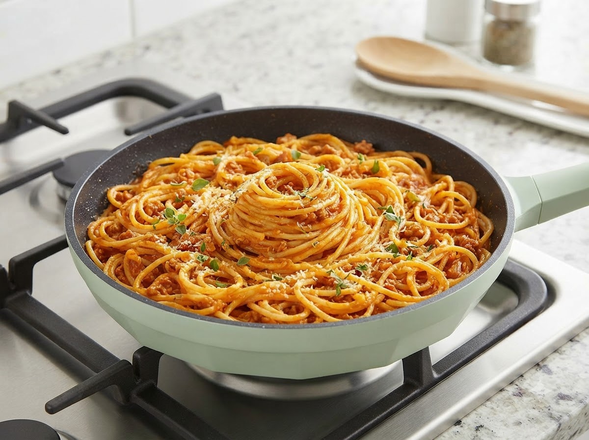 Una padella piena di spaghetti conditi disposti con un grazioso mucchio a spirale al centro, guarniti con erbe aromatiche.