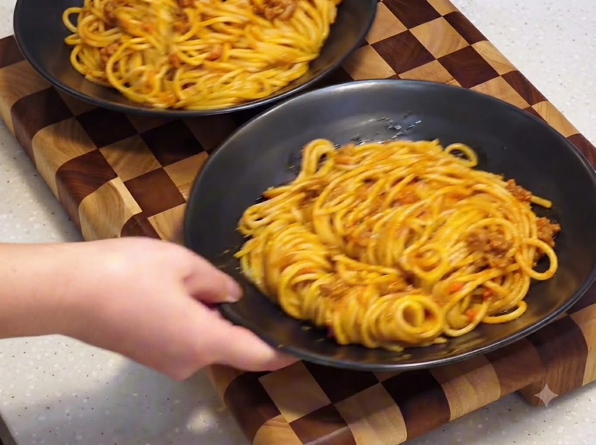 Mani che posizionano piatti da portata neri riempiti di spaghetti su un tagliere a scacchiera in legno.