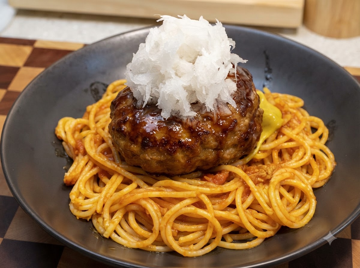 Un primo piano di un mucchietto di ravanello bianco grattugiato ammucchiato sopra un hamburger glassato sopra gli spaghetti.