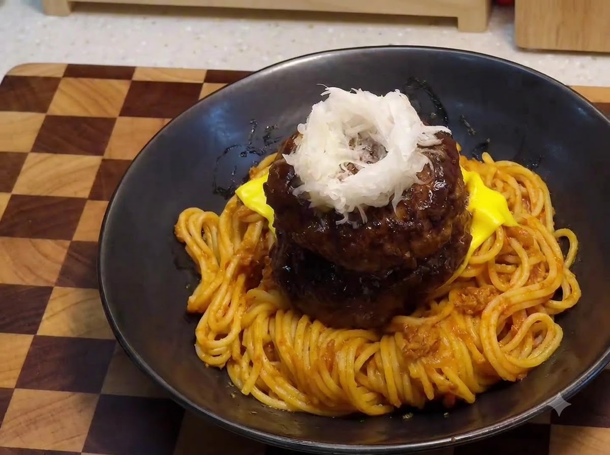 Un tuorlo duovo di quaglia crudo posizionato al centro sopra un mucchietto di ravanello daikon bianco grattugiato in cima agli hamburger impilati.