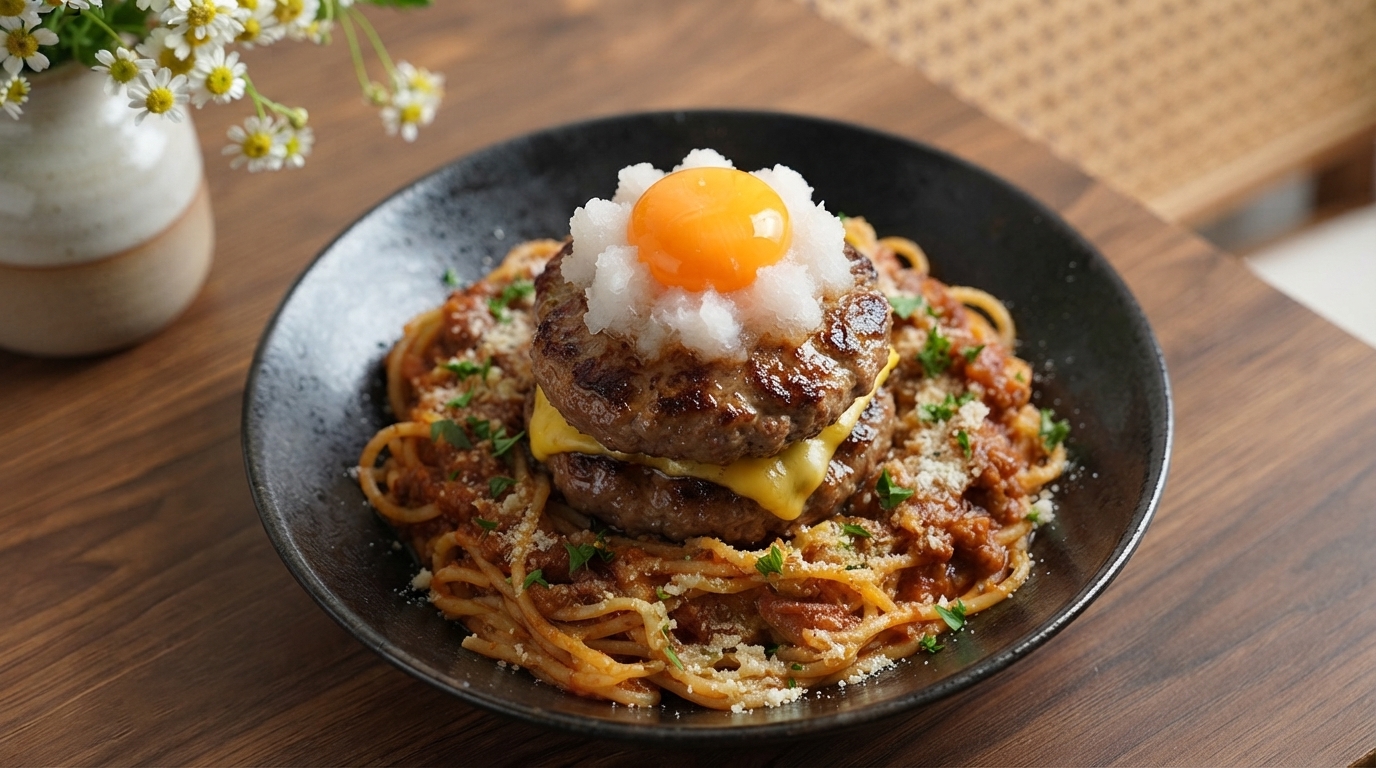 Due ciotole nere di spaghetti ricchi con salsa di carne sormontati da doppi hamburger, formaggio fuso, ravanello grattugiato e un tuorlo duovo crudo, serviti con insalata di quinoa e gamberi e succo darancia.