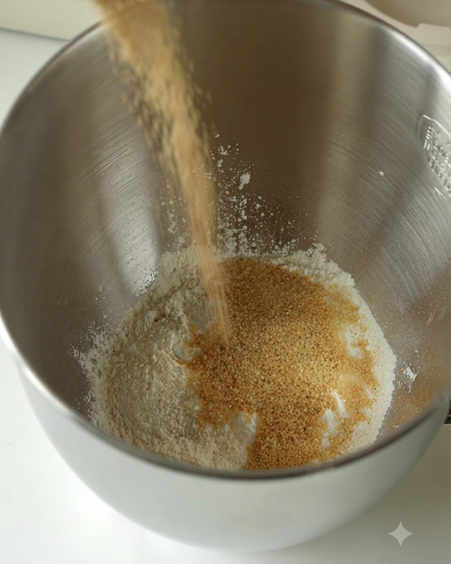Bevanda vegetale versata in una ciotola con farina e zucchero di canna.