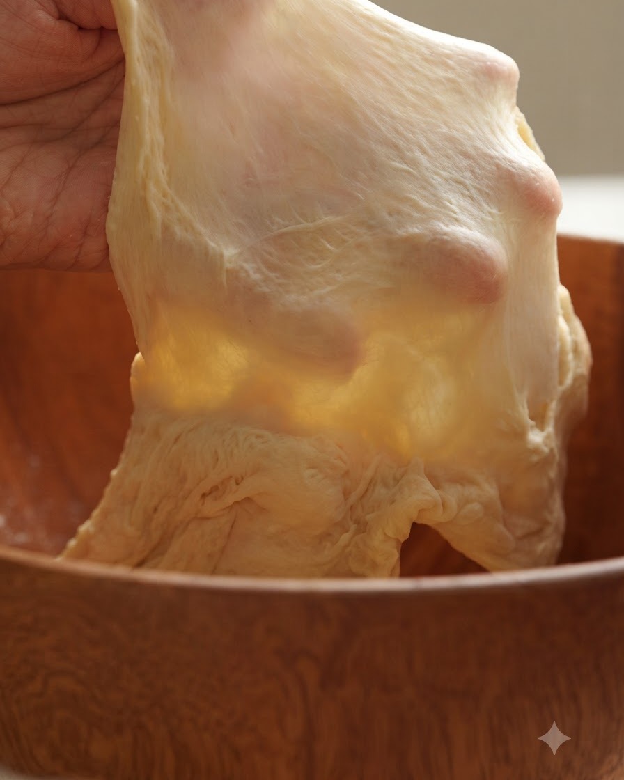 Impasto tirato sottilmente a mano per verificare lo sviluppo del glutine.