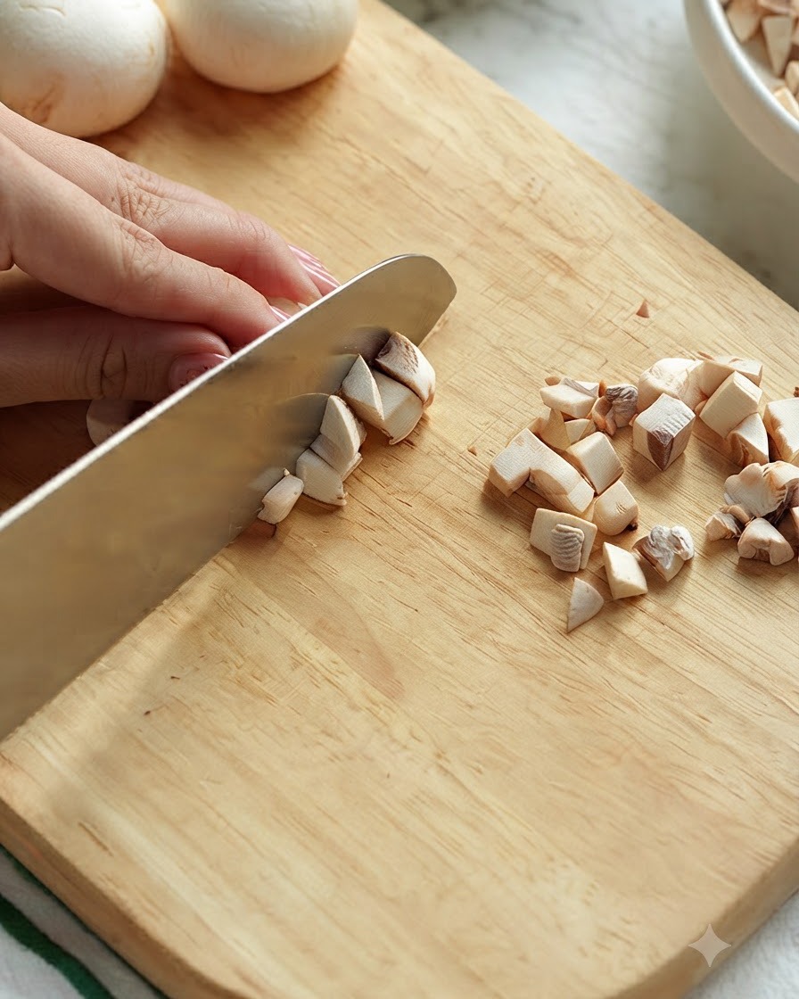 Una mano che usa un coltello per tagliare i funghi su un tagliere di legno.