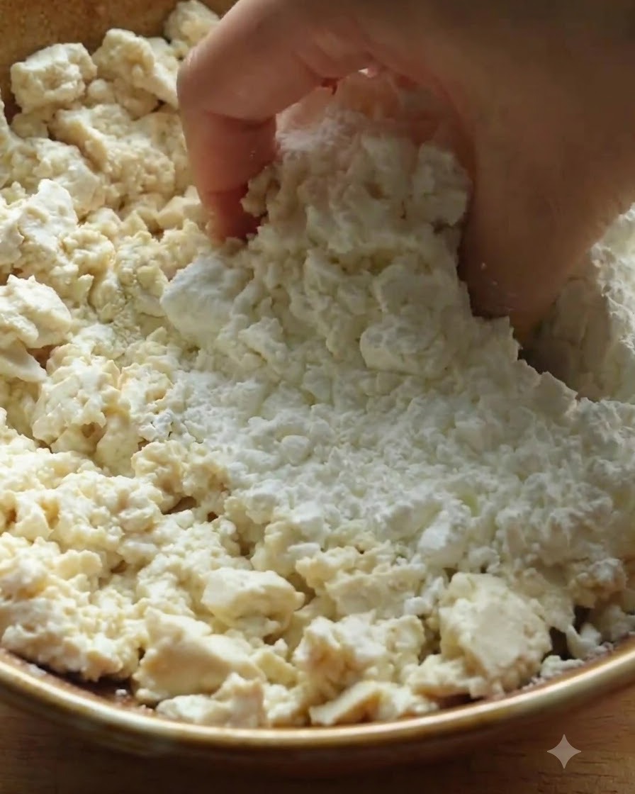 Tofu sbriciolato e mescolato con farina e amido di mais allinterno di una ciotola di legno.