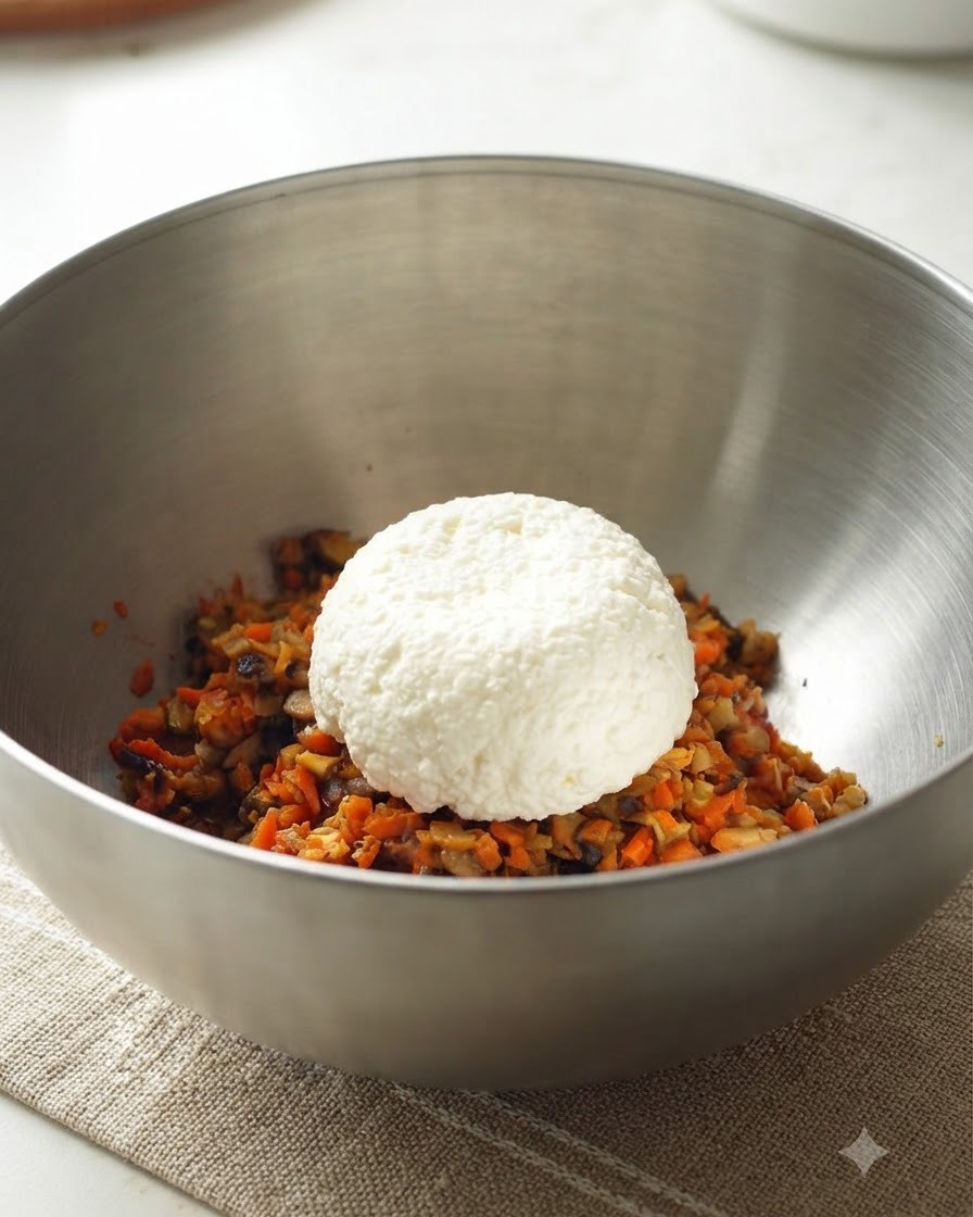 Una grande palla degli ingredienti del burger vegetale allinterno di una ciotola in acciaio inossidabile.