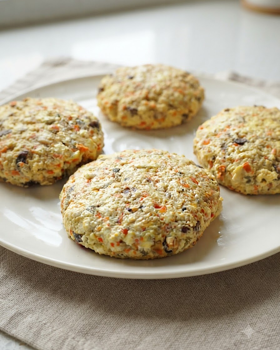 Quattro polpette di burger vegano modellate e ricoperte di semi su un piatto da portata bianco.