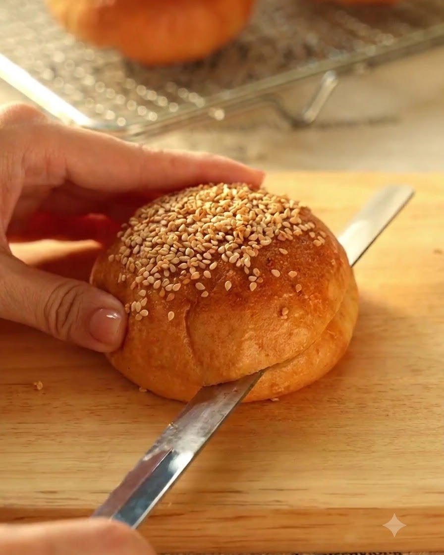 Un panino per burger al sesamo appena sfornato tagliato a metà orizzontalmente con un coltello su un tagliere di legno.