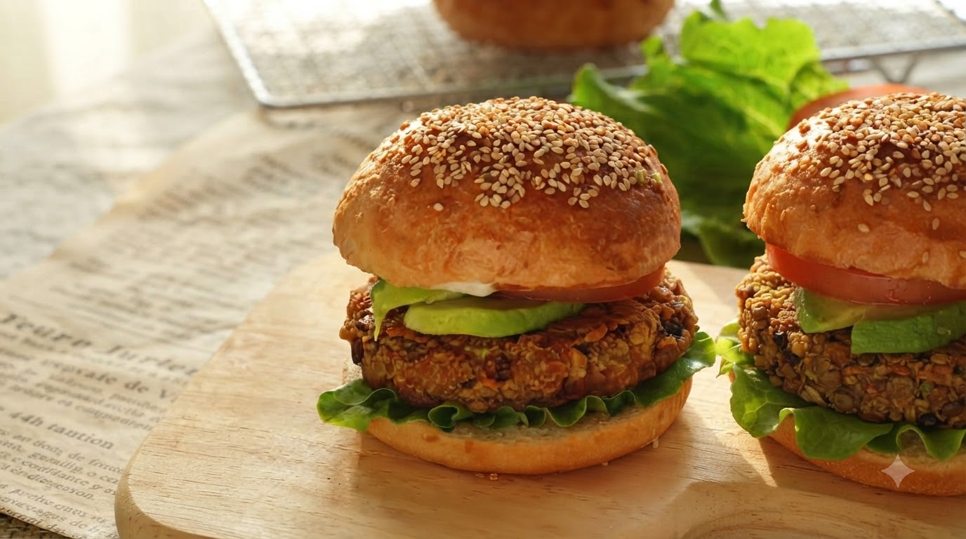 Hamburger Vegetariano Vegano con Panini, Burger e Condimenti Fatti in Casa