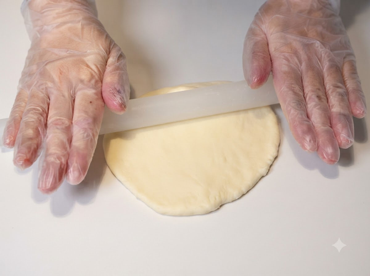 Pezzo di impasto appiattito su una superficie bianca con un mattarello, rimuovendo le grandi bolle daria.