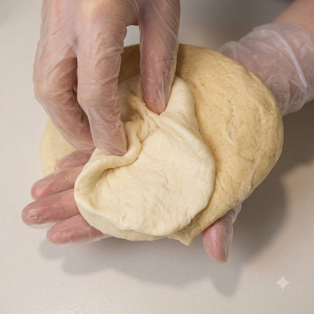 Mani che piegano e rimboccano limpasto per formare un panino rotondo, liscio e sigillato ermeticamente.