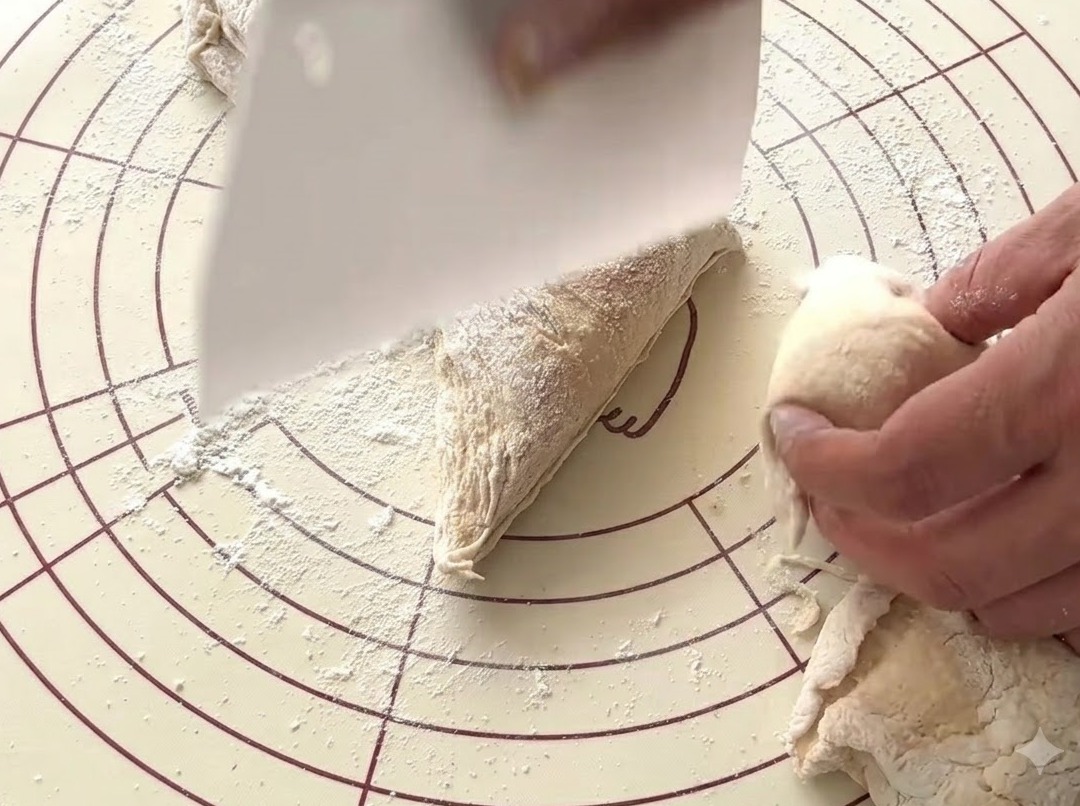 Un tarocco bianco per pasta che taglia limpasto fermentato in porzioni su un tappetino infarinato.