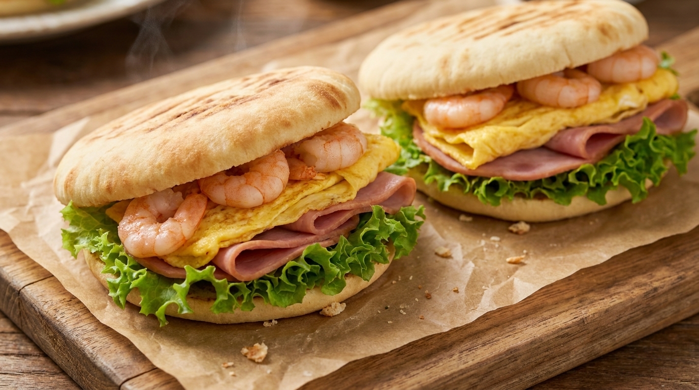 Due panini per hamburger integrali appena fatti e farciti con prosciutto, uovo e gamberi su carta da forno