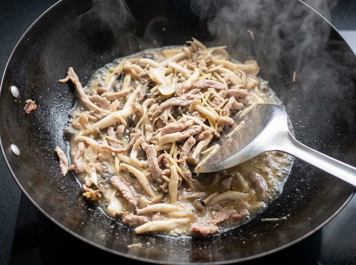 Funghi enoki che vengono aggiunti nel wok insieme agli altri ingredienti.