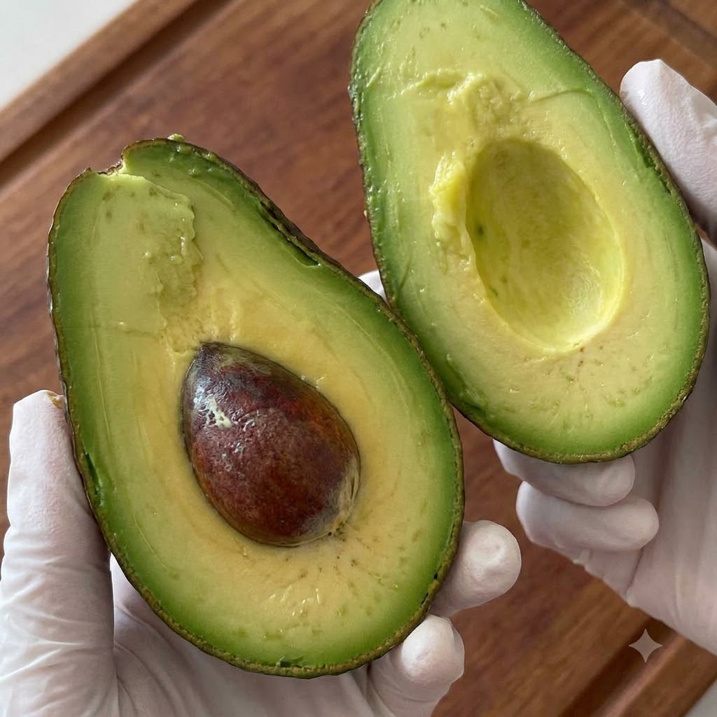 Un avocado tagliato a fette sottili su un tagliere di legno.