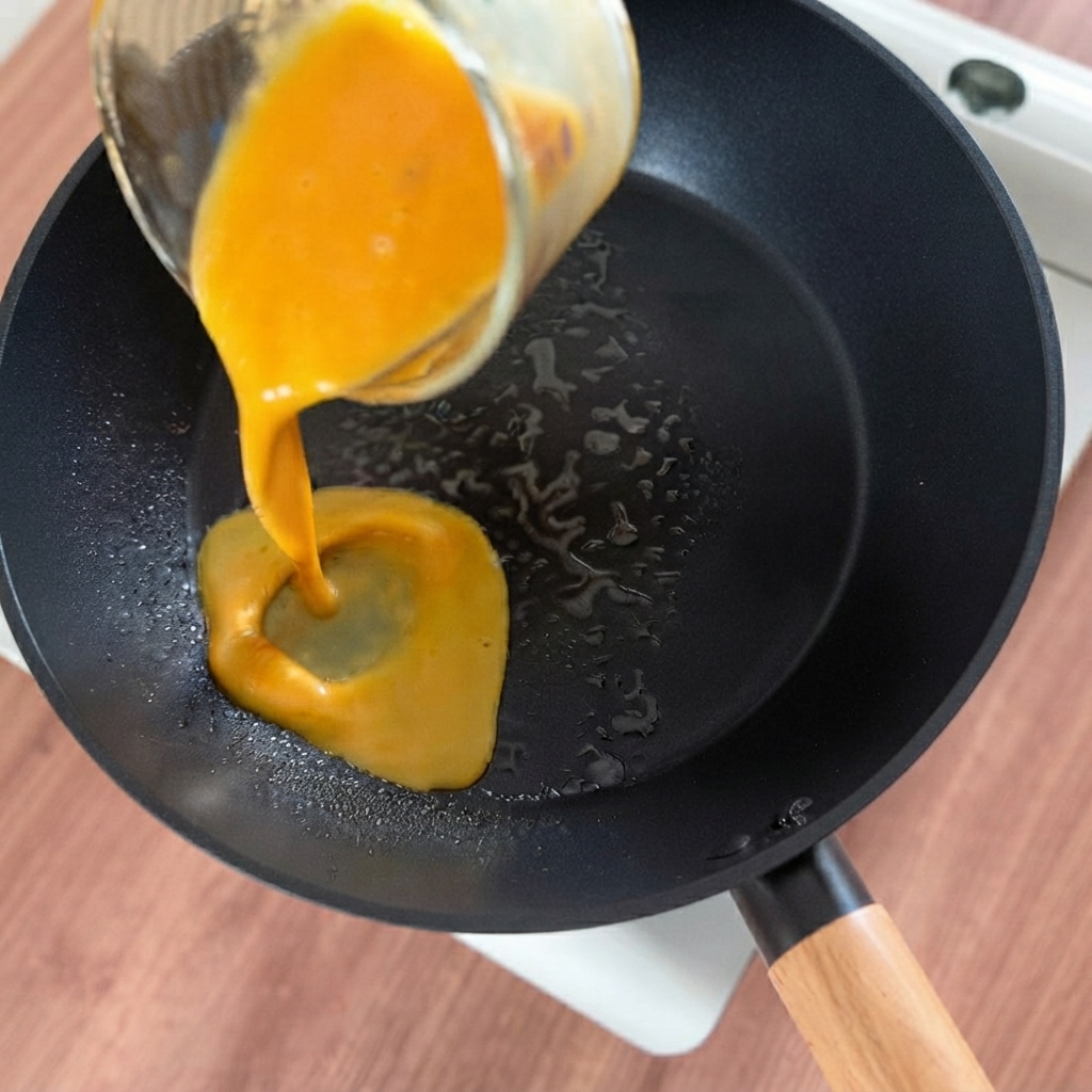 Uova sbattute versate in una padella calda per formare un sottile strato di frittata.