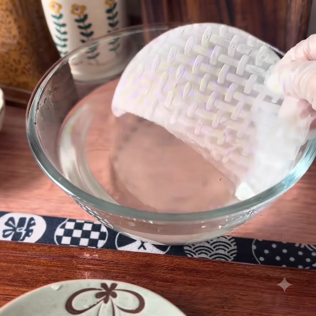 Un foglio di riso asciutto immerso in una ciotola di acqua tiepida.