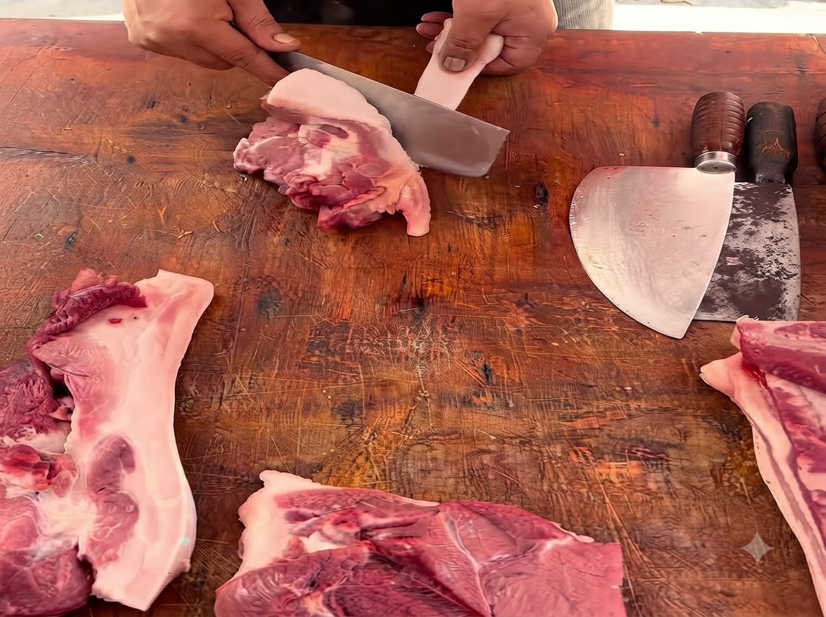Primo piano di una persona che usa una mannaia pesante per tagliare un pezzo di maiale su un tagliere di legno.
