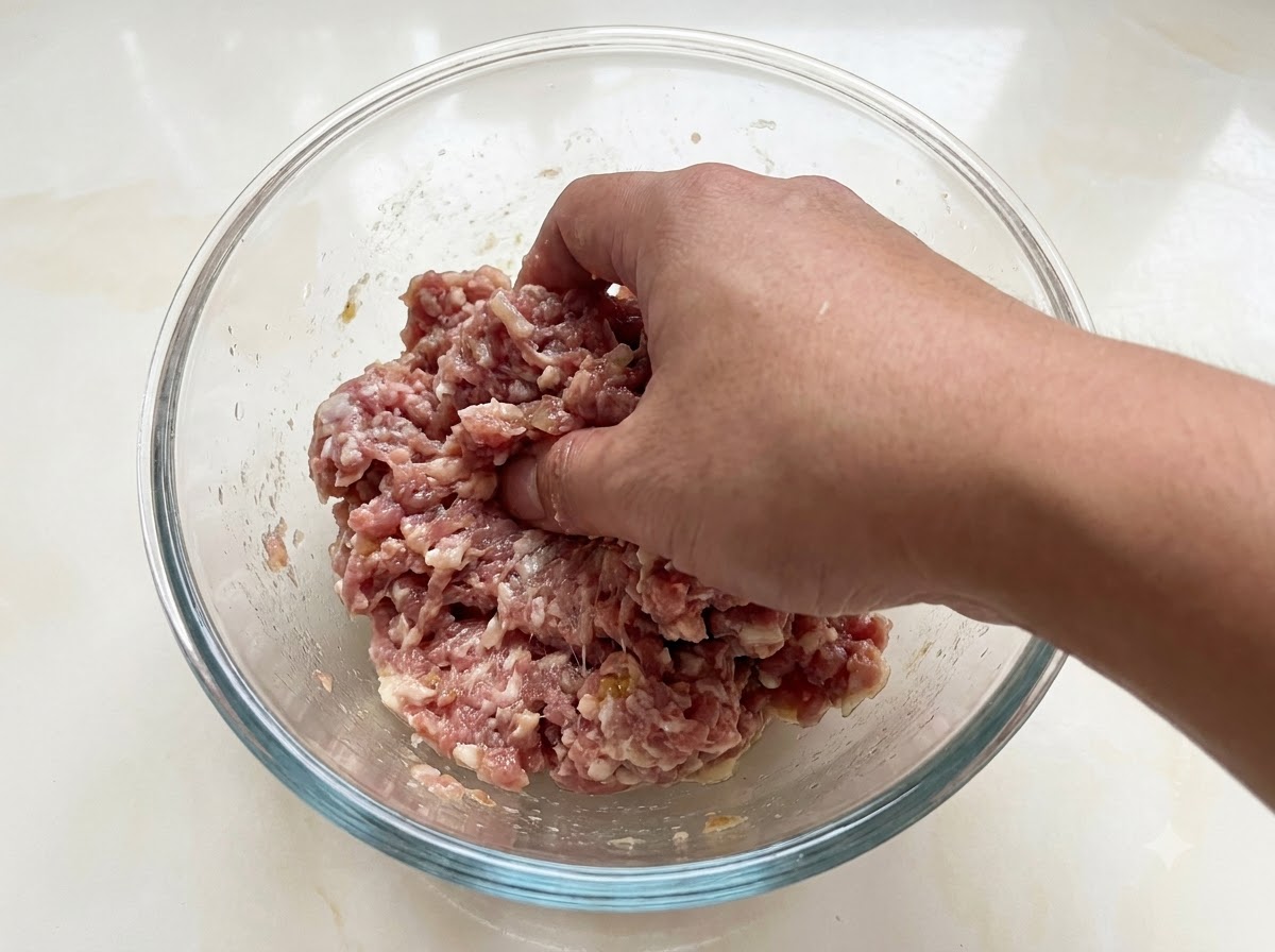 Una mano che mescola e impasta il maiale macinato condito allinterno di una ciotola di vetro.