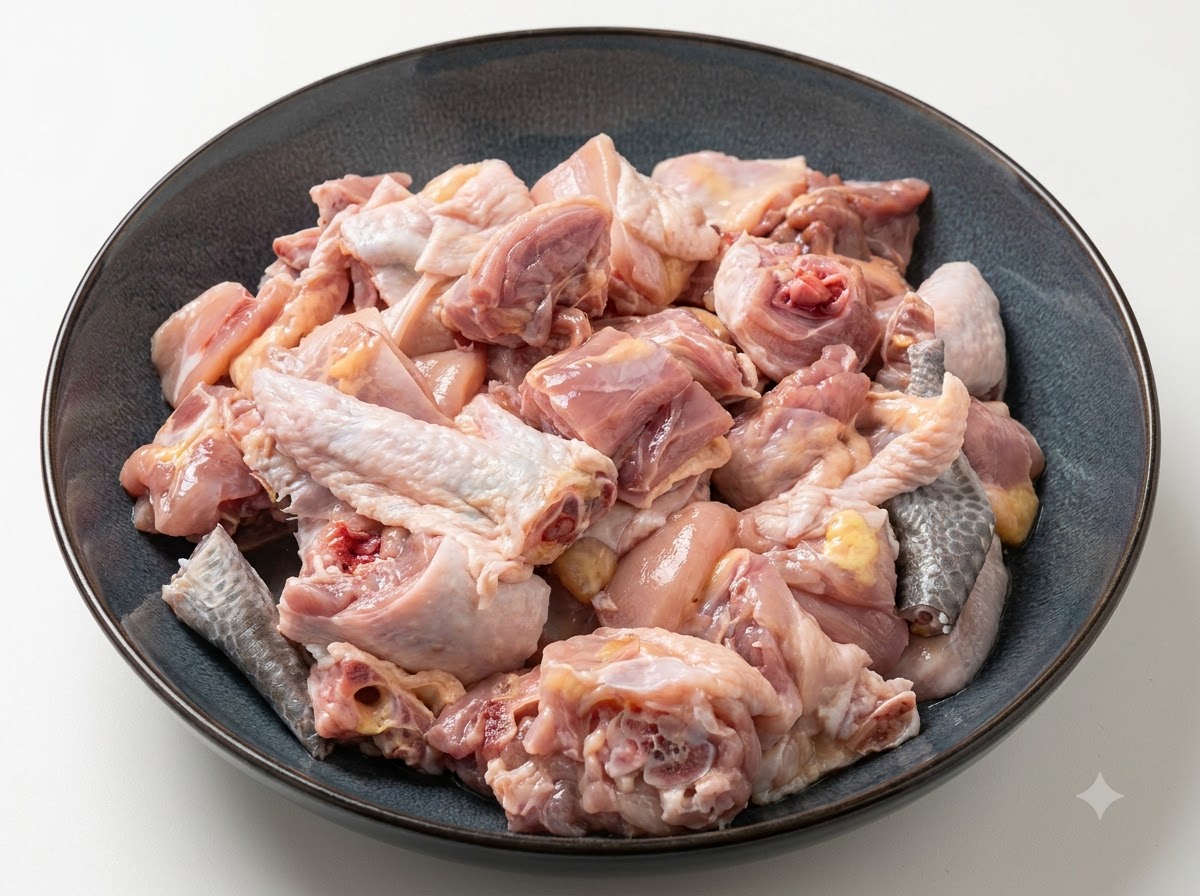 Piccoli pezzi di pollo in una ciotola scura mescolati con i condimenti da mani guantate.