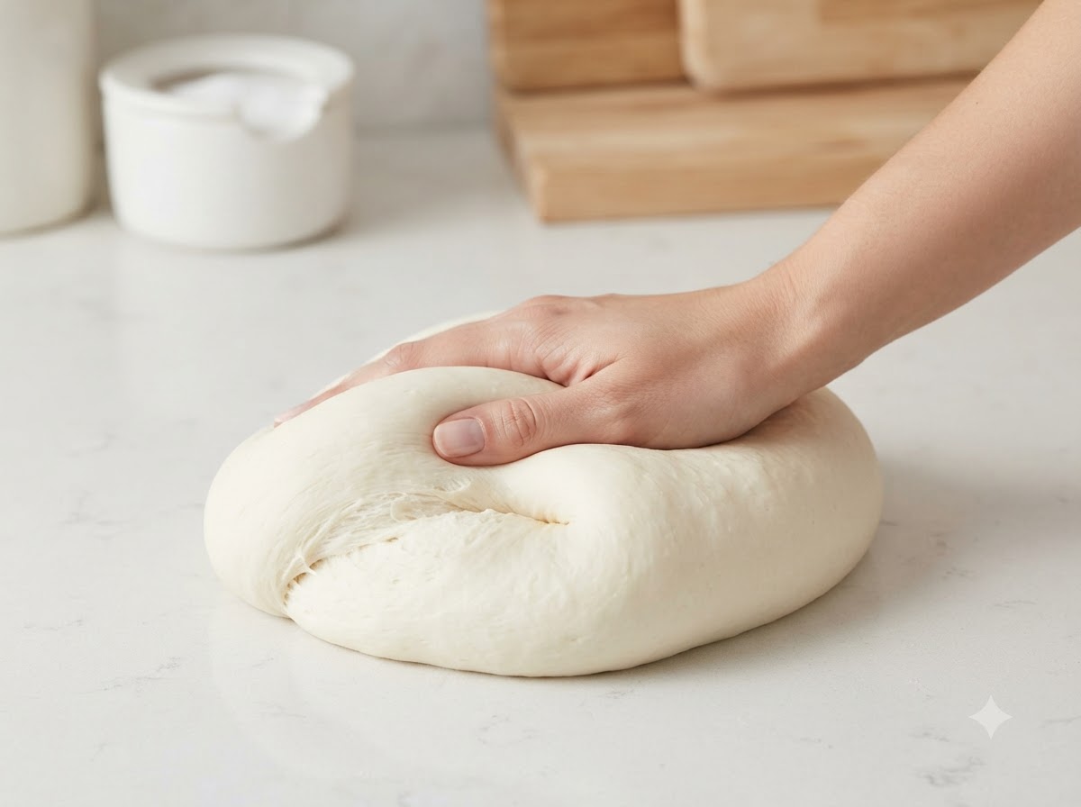Una mano che impasta e preme limpasto liscio su una superficie pulita del piano di lavoro bianco.