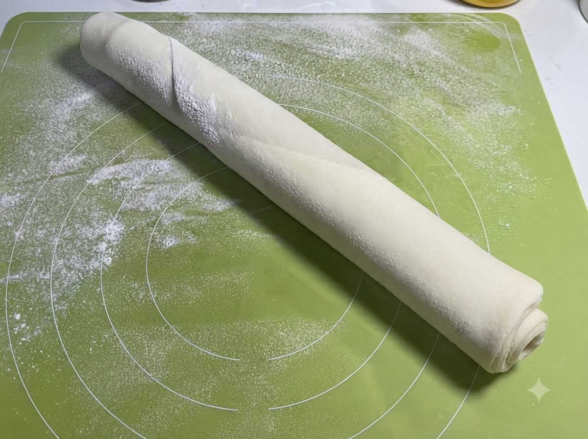 Un foglio di pasta piatta arrotolato infarinato appoggiato su un tappetino di silicone verde.