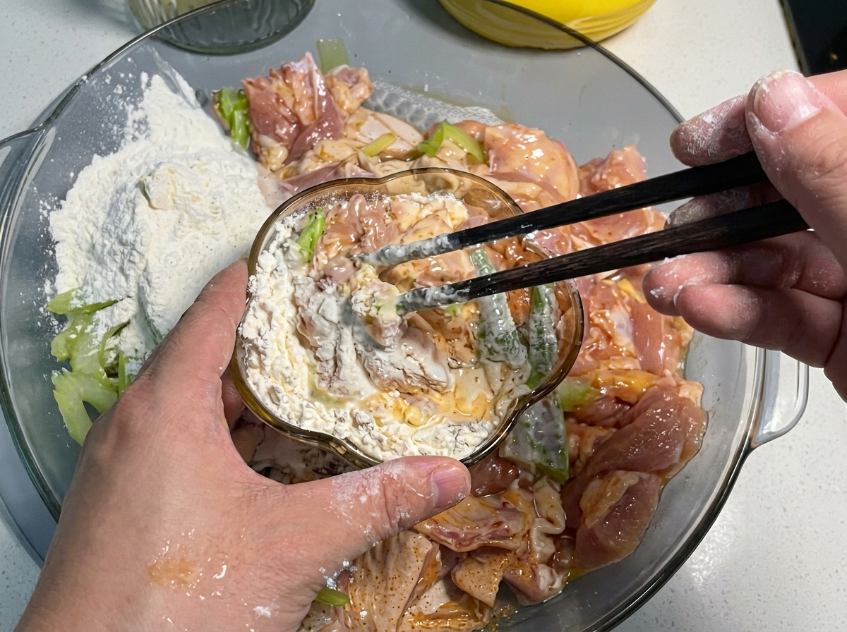 Pastella di amido versata da una ciotolina in una ciotola di vetro più grande contenente pollo marinato e sedano affettato.