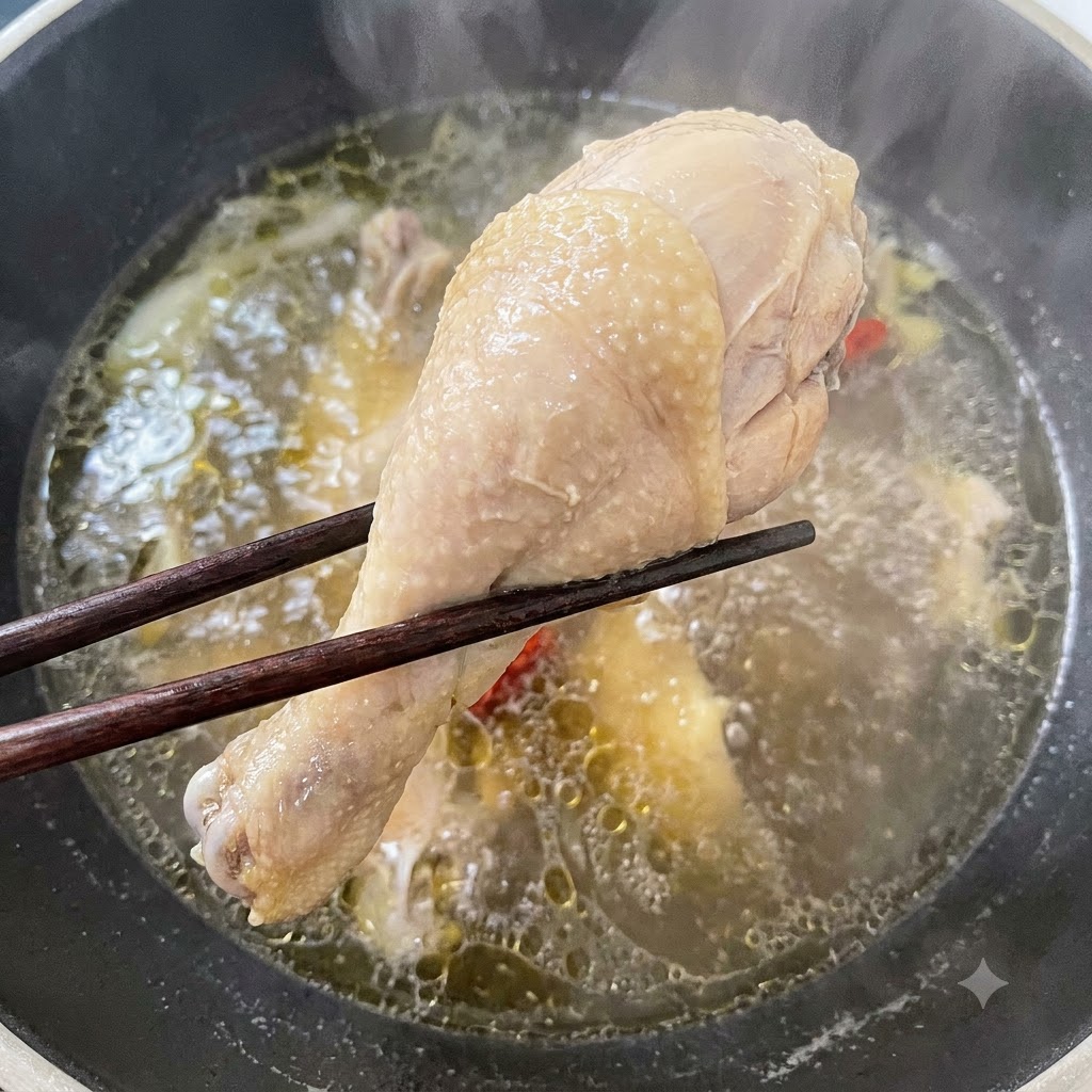 Un paio di bacchette che sollevano una sovracoscia di pollo cotta da un brodo in ebollizione.
