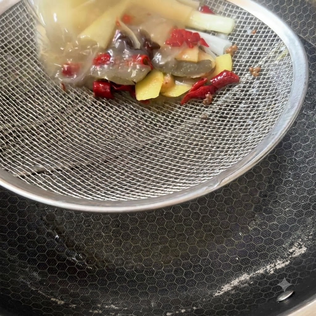 Un colino che trattiene spezie avanzate, fette di zenzero e residui di peperoncino sopra una padella vuota.