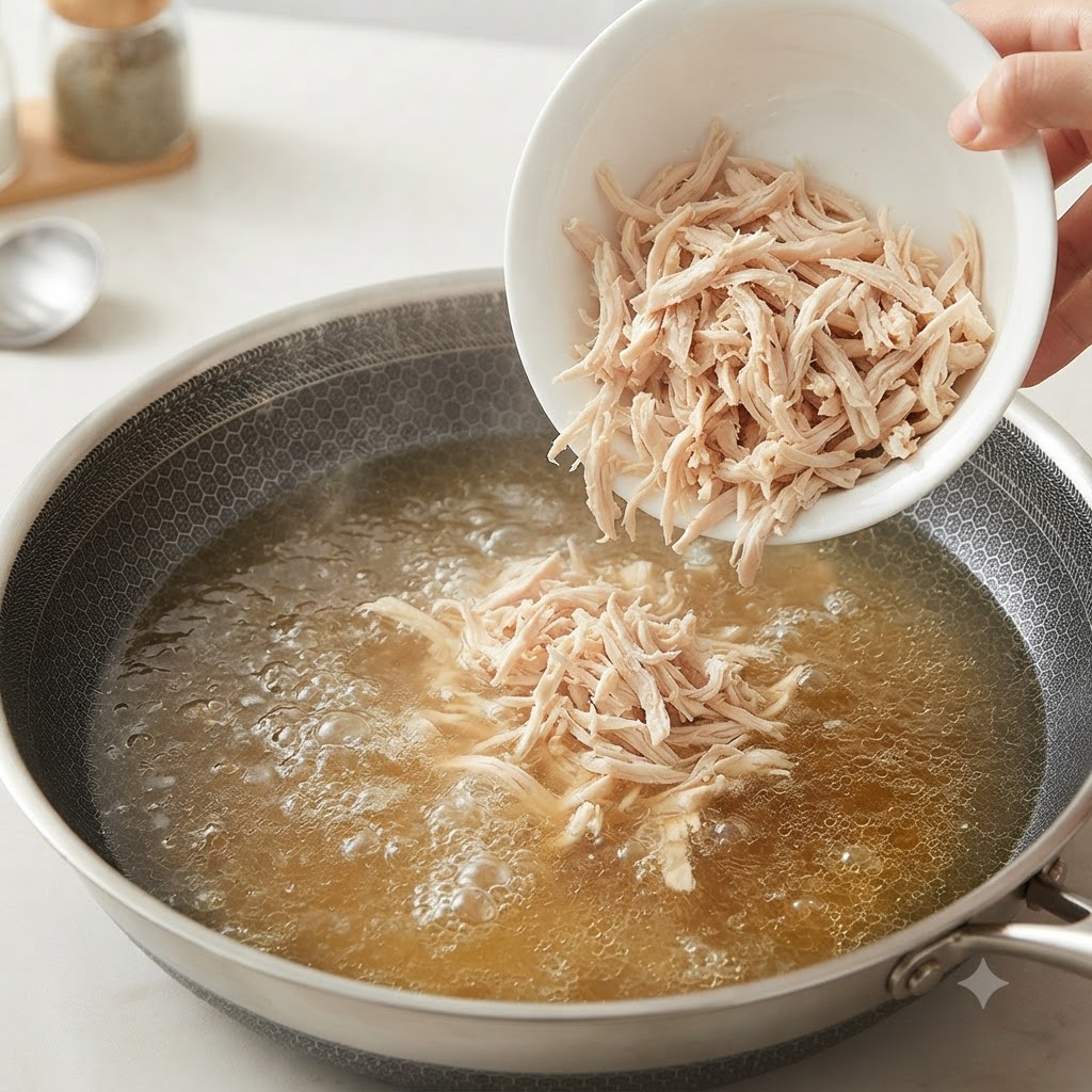 Pollo sfilacciato versato da una ciotola bianca in una padella di brodo di pollo bollente.