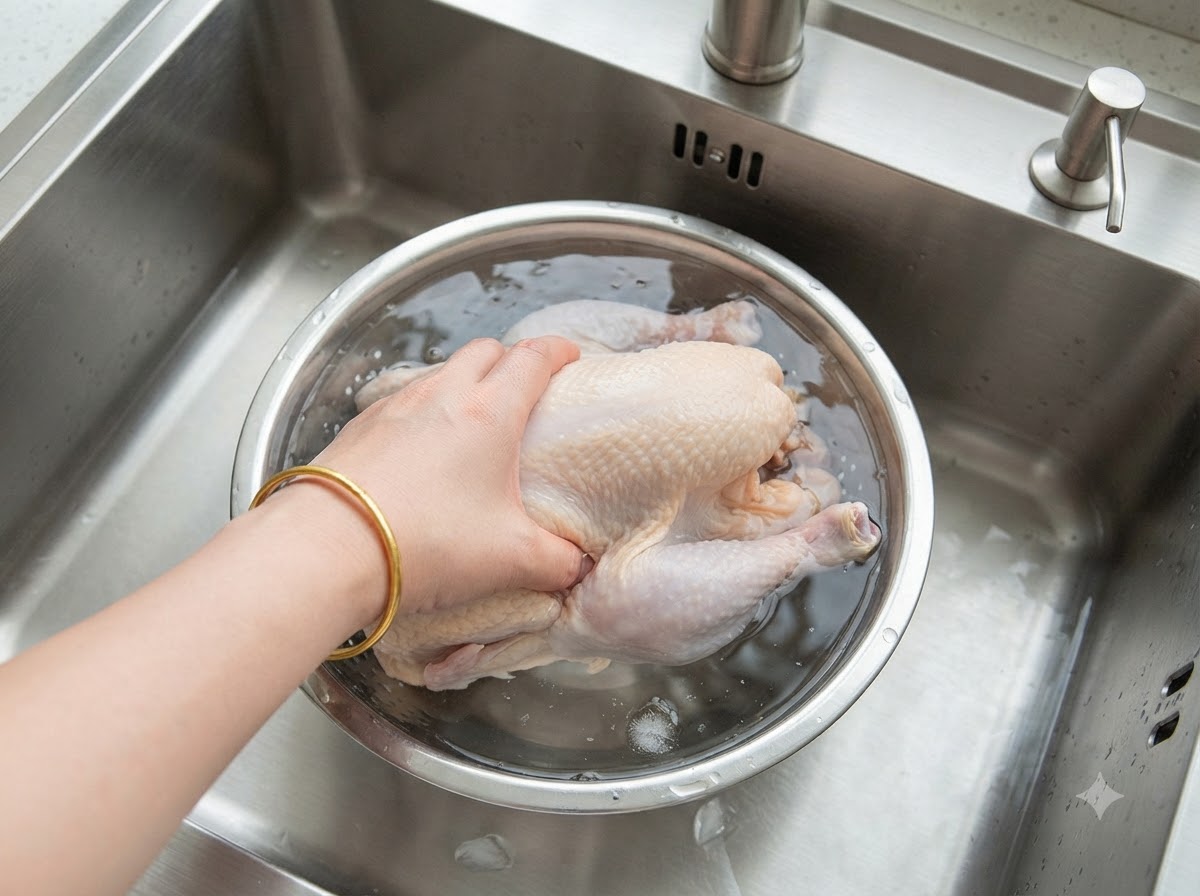 Un pollo intero pulito viene immerso in una pentola di acciaio inossidabile piena dacqua.