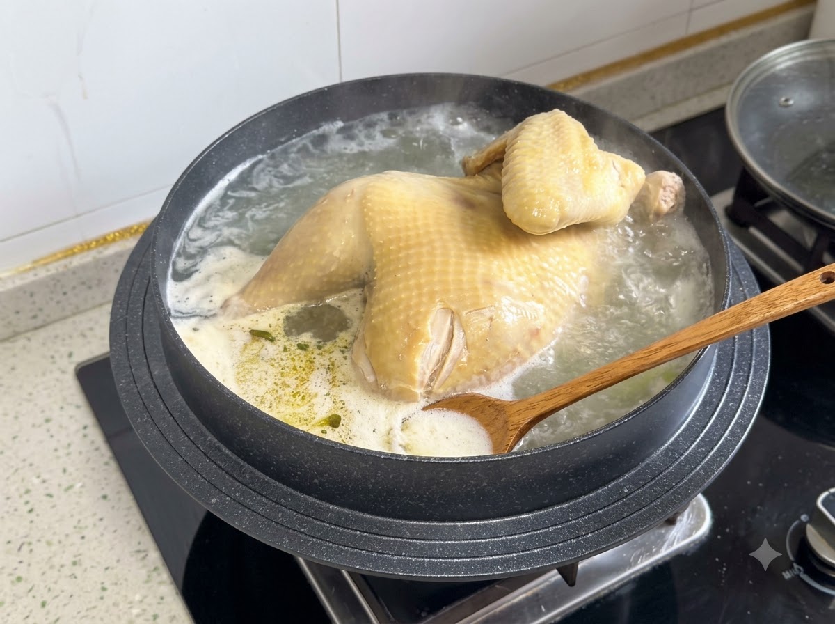 Un cucchiaio di legno raccoglie schiuma e olio dalla superficie del brodo di pollo in ebollizione.