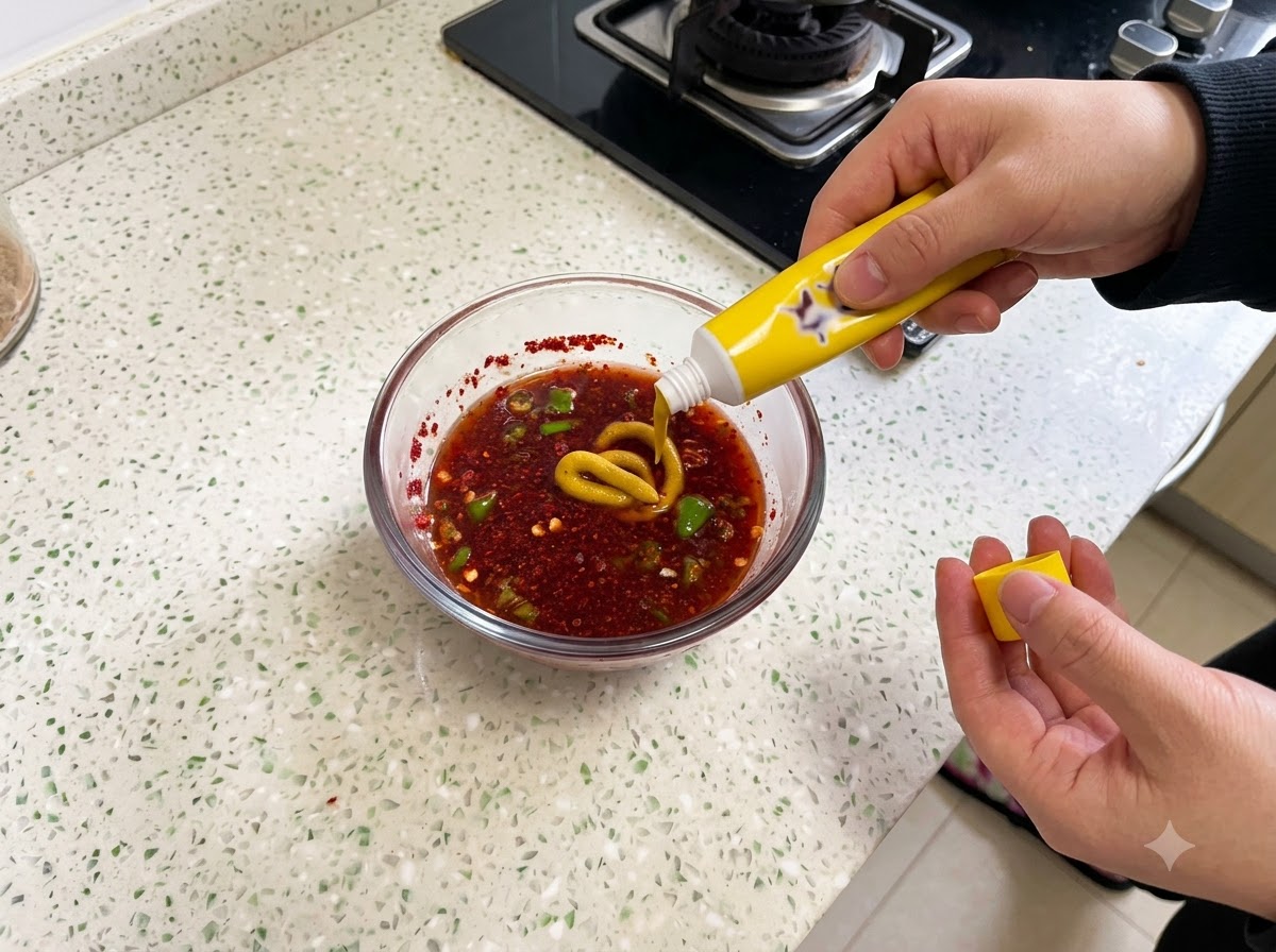 La senape gialla viene spremuta in una ciotola di vetro contenente gli ingredienti misti della salsa e il peperoncino in polvere.