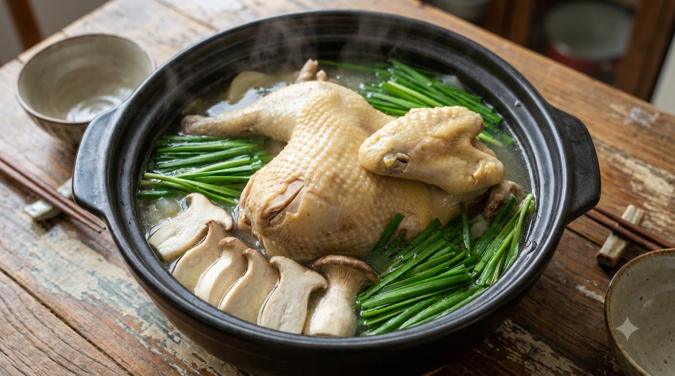 Zuppa di Pollo Intero in Brodo Chiaro con Speciale Salsa Agrodolce al Peperoncino, Aglio e Udon