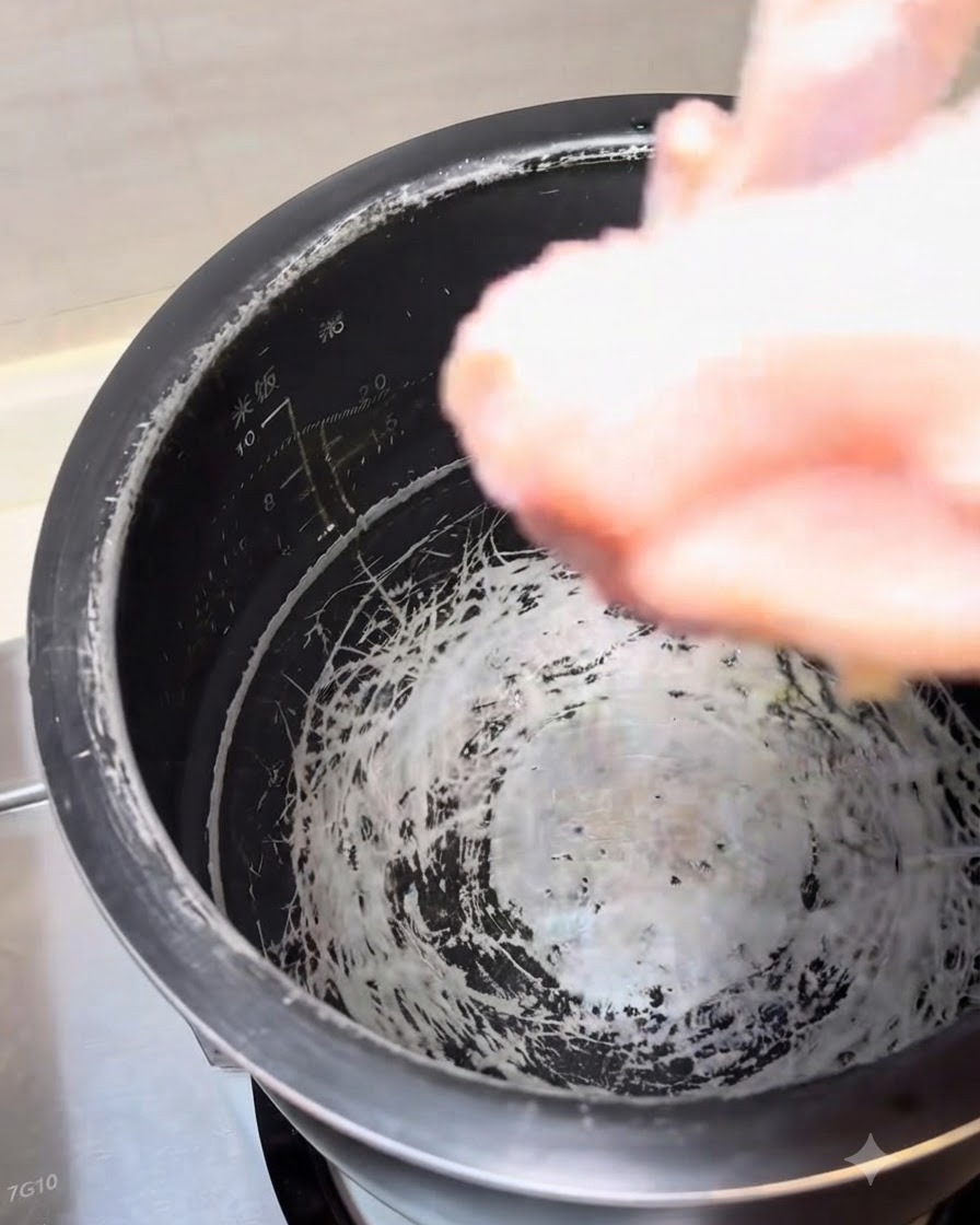 Parti di pollo intero messe in una pentola cuociriso con acqua per la stufatura.