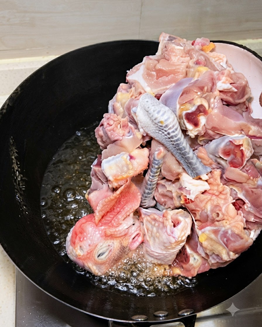 Pezzi di pollo crudo tritato che scivolano in un wok contenente olio caldo e zenzero fritto.