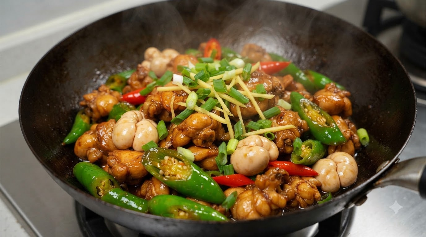 Pollo in Due Modi: Metà stufato in zuppa profumata e metà saltato in padella con peperoni