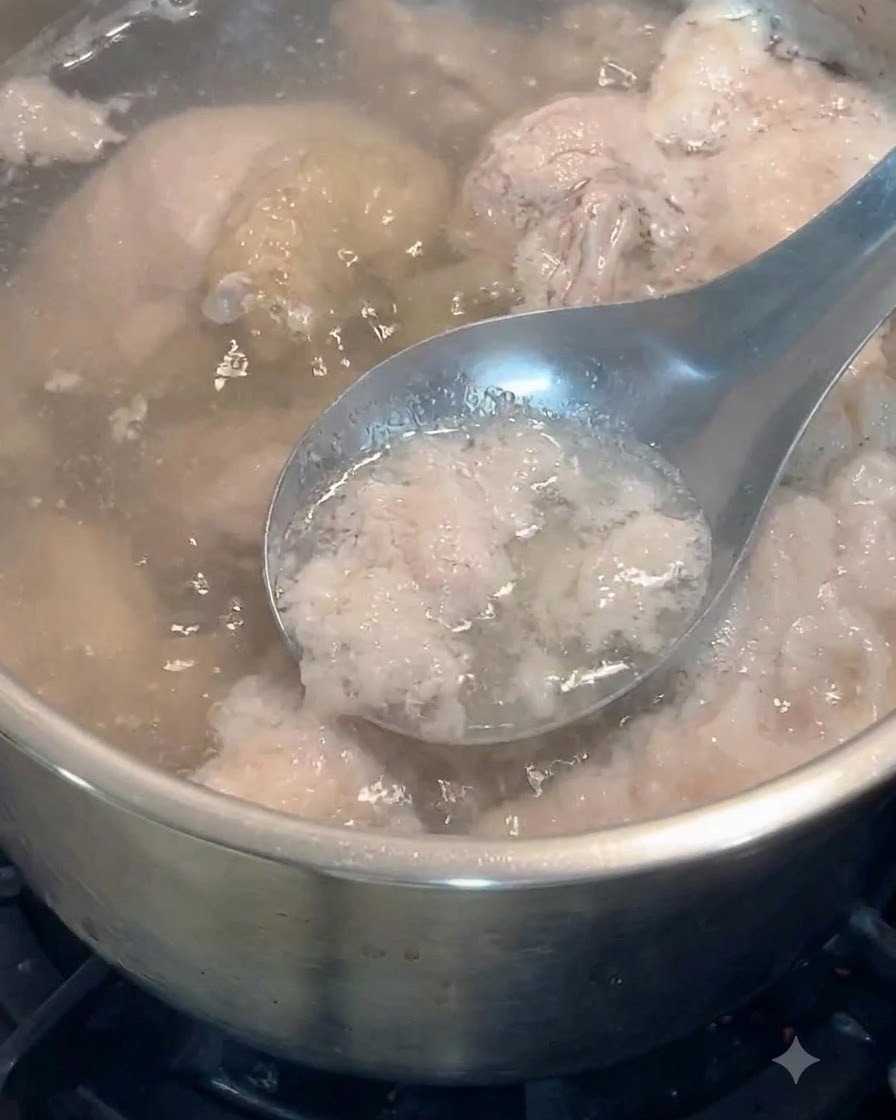 Un cucchiaio di metallo raccoglie la schiuma grigia e le impurità dallacqua bollente con i pezzi di pollo.
