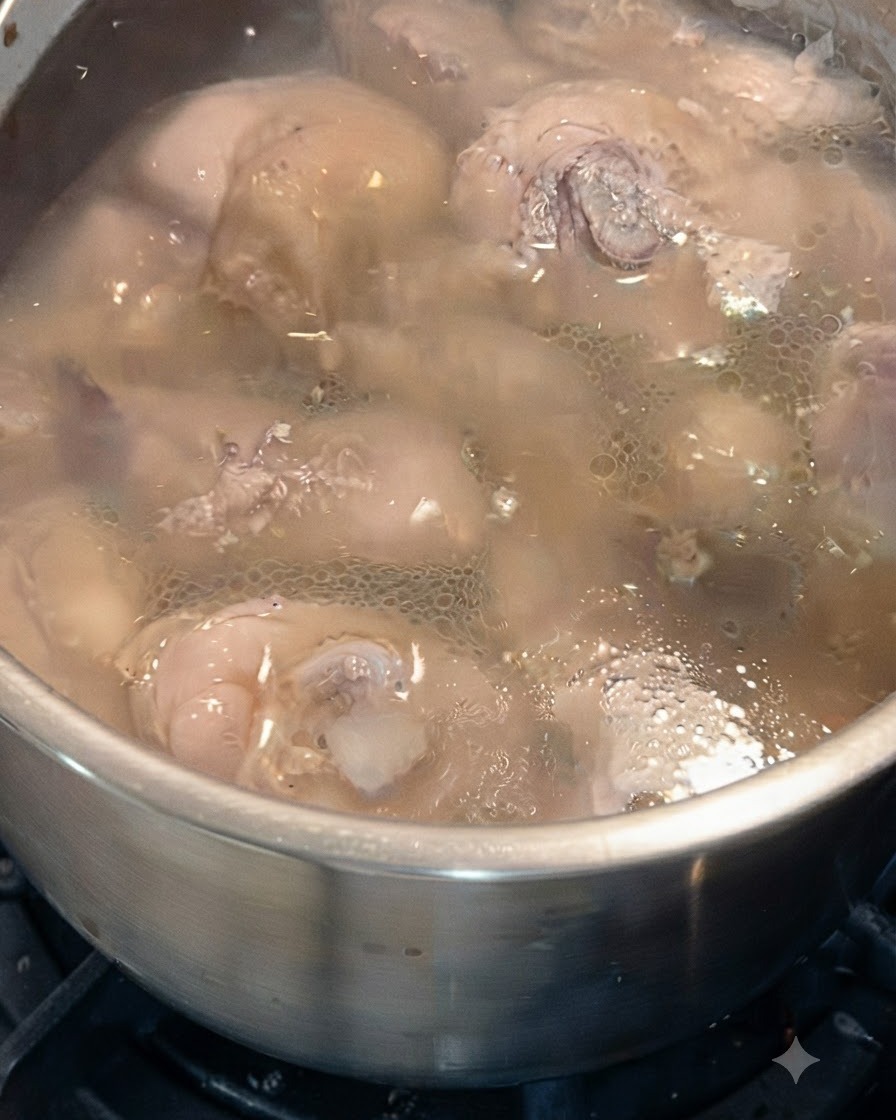 Pezzi di pollo sbollentati immersi nellacqua dopo la bollitura iniziale.