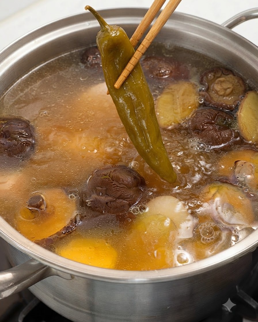 Bacchette tengono un intero peperoncino verde sottaceto sopra una pentola di zuppa fumante di pollo e funghi.