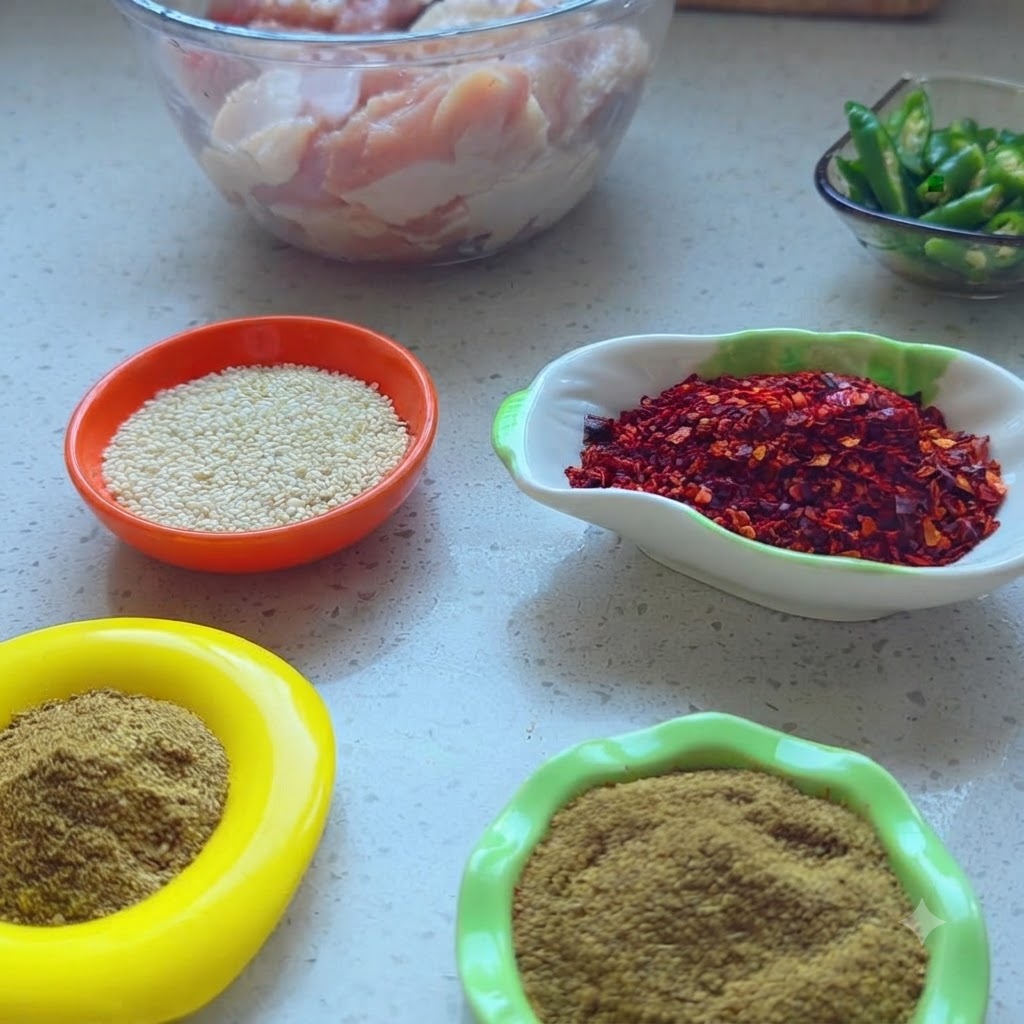Una collezione di ciotole riempite con varie spezie, semi di sesamo bianco e ingredienti tritati disposti su un piano di lavoro.