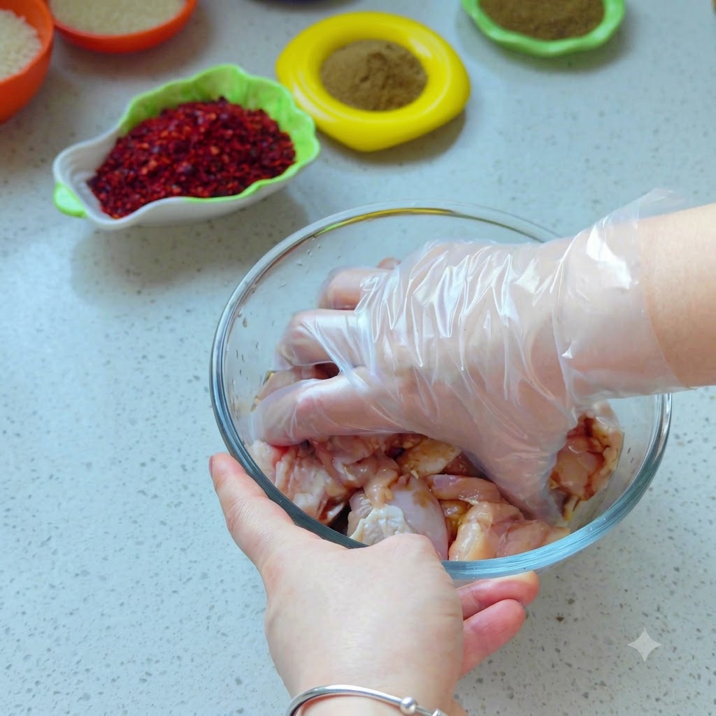 Una mano con un guanto di plastica che mescola accuratamente pezzi di pollo crudo allinterno di una ciotola di vetro trasparente.